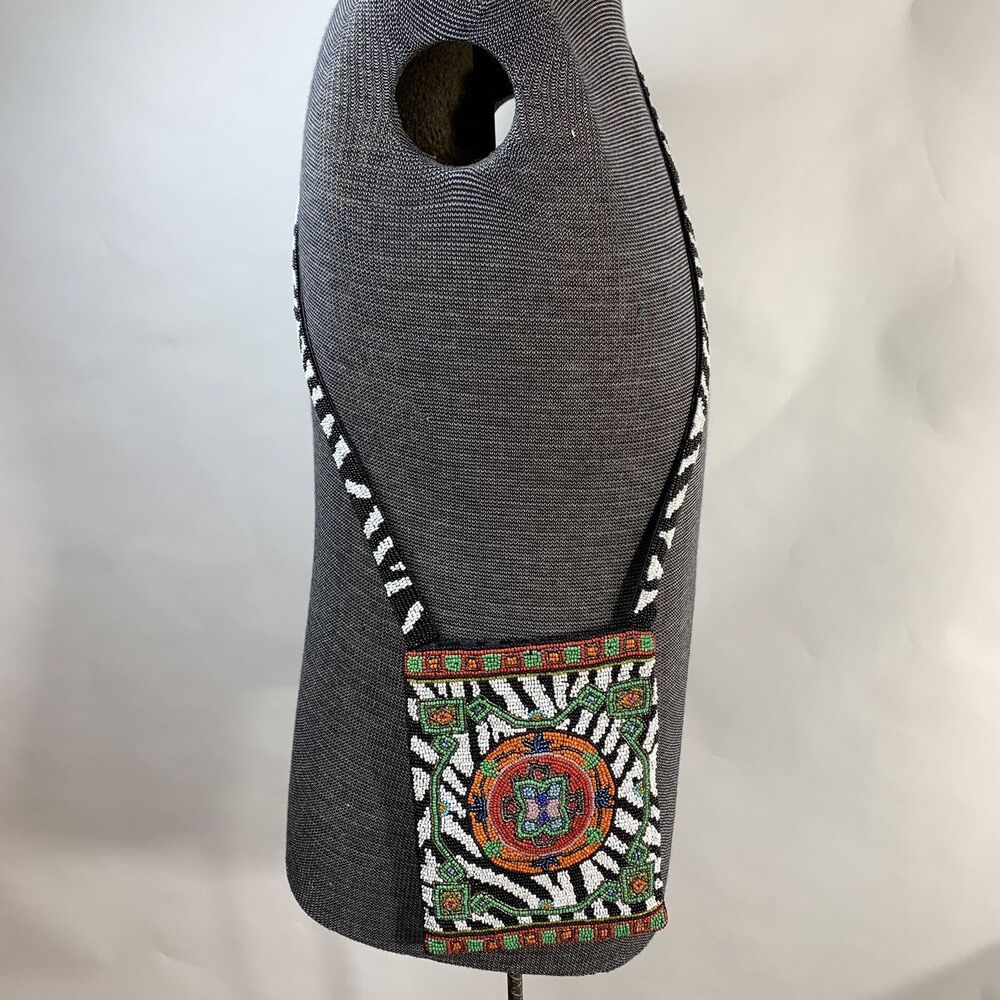 Christiana Fully Beaded Geometric Zebra Crossbody Purse Black Satin Lining EUC
